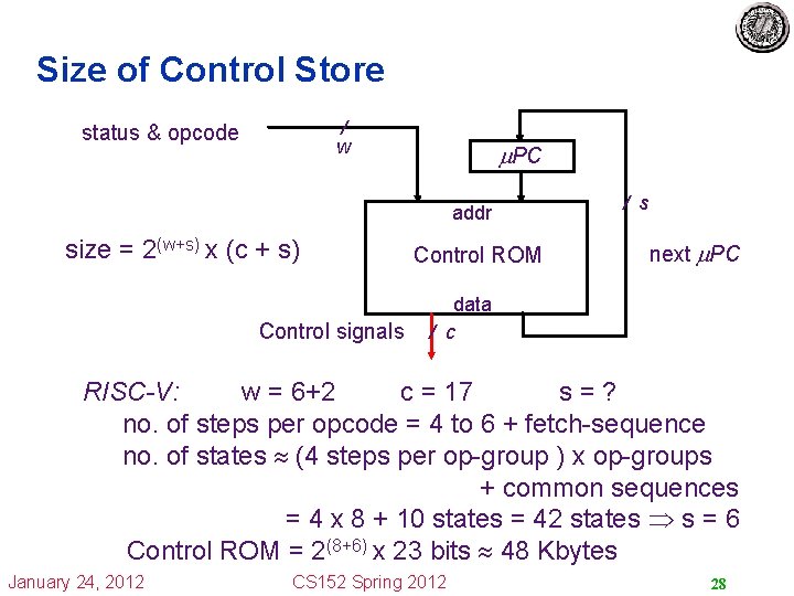 Size of Control Store / w status & opcode PC addr size = 2(w+s)