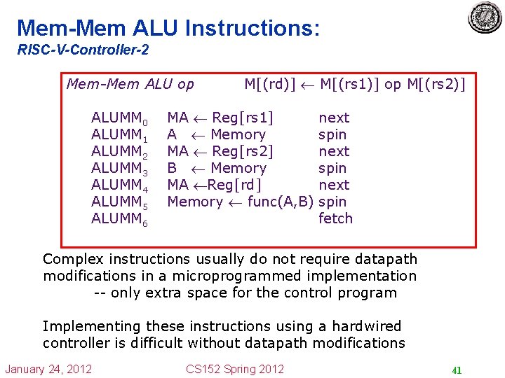 Mem-Mem ALU Instructions: RISC-V-Controller-2 Mem-Mem ALU op ALUMM 0 ALUMM 1 ALUMM 2 ALUMM