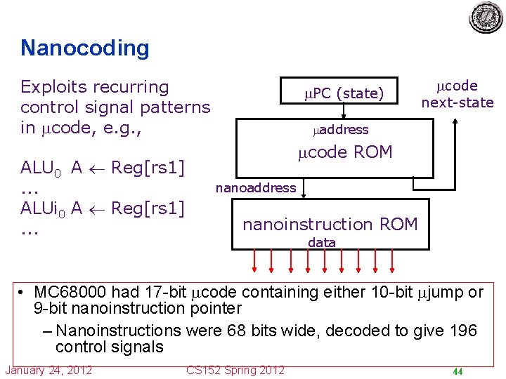 Nanocoding Exploits recurring control signal patterns in code, e. g. , ALU 0 A