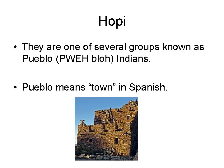 Hopi • They are one of several groups known as Pueblo (PWEH bloh) Indians.