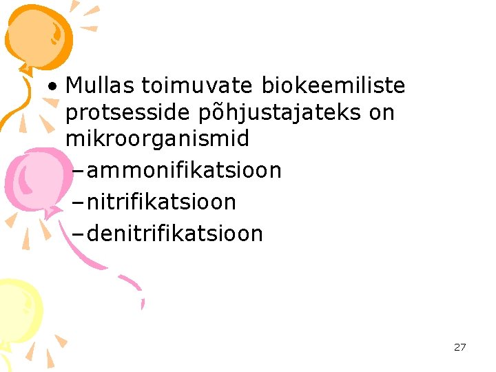  • Mullas toimuvate biokeemiliste protsesside põhjustajateks on mikroorganismid – ammonifikatsioon – nitrifikatsioon –