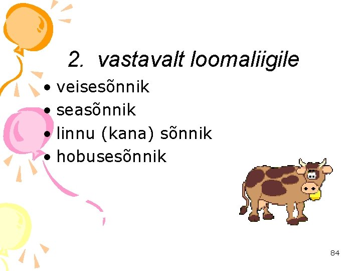 2. vastavalt loomaliigile • veisesõnnik • seasõnnik • linnu (kana) sõnnik • hobusesõnnik 84