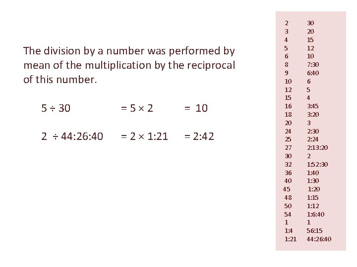 The division by a number was performed by mean of the multiplication by the