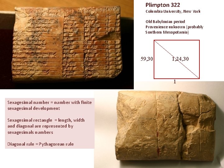 Plimpton 322 Columbia University, New York Old Babylonian period Provenience unknown (probably Southern Mesopotamia)