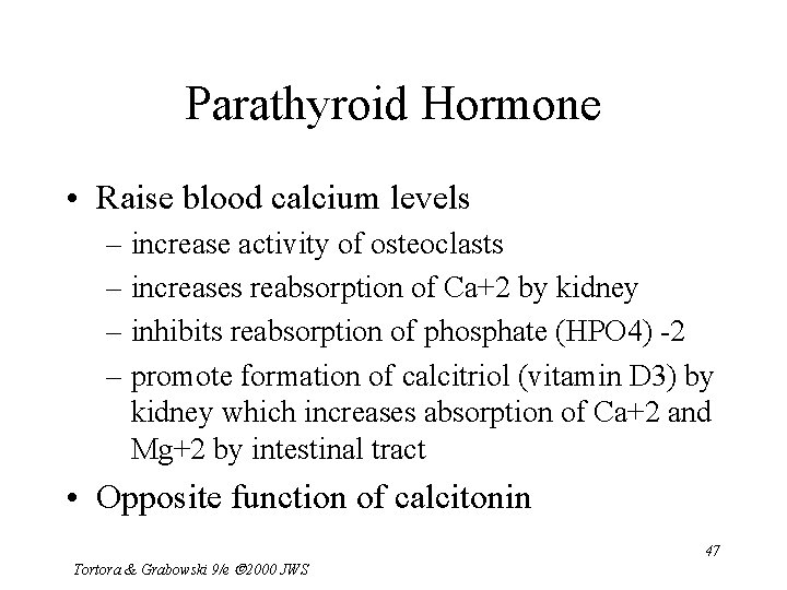 Parathyroid Hormone • Raise blood calcium levels – increase activity of osteoclasts – increases