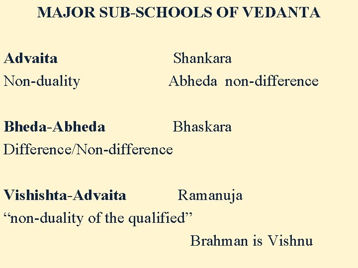 MAJOR SUB-SCHOOLS OF VEDANTA Advaita Non-duality Shankara Abheda non-difference Bheda-Abheda Bhaskara Difference/Non-difference Vishishta-Advaita Ramanuja MAJOR SUB-SCHOOLS OF VEDANTA Advaita Non-duality Shankara Abheda non-difference Bheda-Abheda Bhaskara Difference/Non-difference Vishishta-Advaita Ramanuja