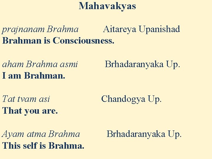 Mahavakyas prajnanam Brahma Aitareya Upanishad Brahman is Consciousness. aham Brahma asmi I am Mahavakyas prajnanam Brahma Aitareya Upanishad Brahman is Consciousness. aham Brahma asmi I am