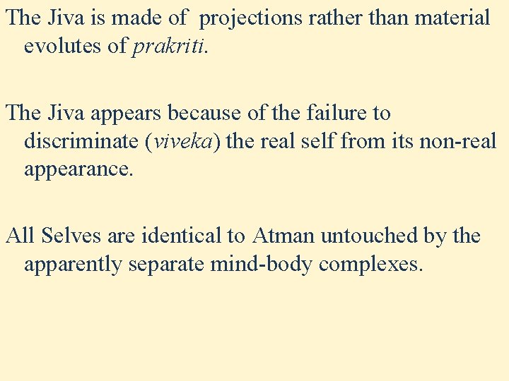 The Jiva is made of projections rather than material evolutes of prakriti. The Jiva The Jiva is made of projections rather than material evolutes of prakriti. The Jiva