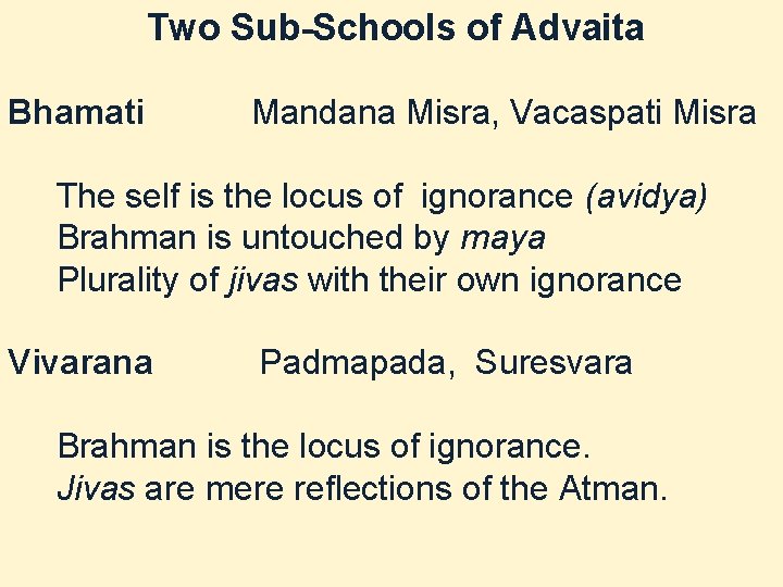 Two Sub-Schools of Advaita Bhamati Mandana Misra, Vacaspati Misra The self is the locus Two Sub-Schools of Advaita Bhamati Mandana Misra, Vacaspati Misra The self is the locus