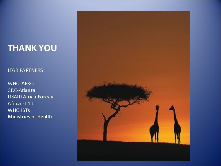 THANK YOU IDSR PARTNERS WHO-AFRO CDC-Atlanta USAID Africa Bureau Africa 2010 WHO ISTs Ministries THANK YOU IDSR PARTNERS WHO-AFRO CDC-Atlanta USAID Africa Bureau Africa 2010 WHO ISTs Ministries