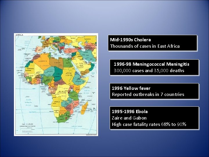 Mid-1990 s Cholera Thousands of cases in East Africa 1996 -98 Meningococcal Meningitis 300, Mid-1990 s Cholera Thousands of cases in East Africa 1996 -98 Meningococcal Meningitis 300,