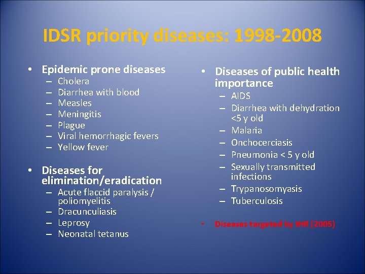 IDSR priority diseases: 1998 -2008 • Epidemic prone diseases – – – – Cholera IDSR priority diseases: 1998 -2008 • Epidemic prone diseases – – – – Cholera