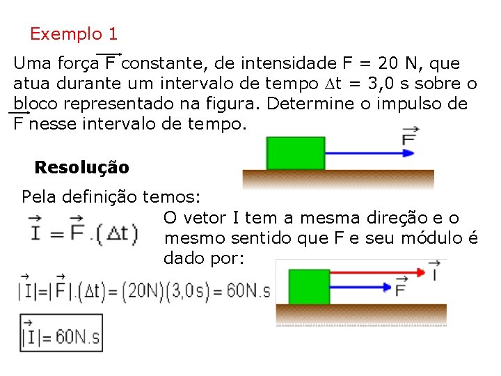 Exemplo 1 Uma força F constante, de intensidade F = 20 N, que atua