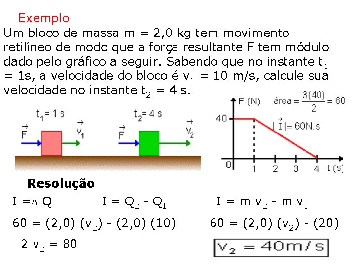 Exemplo Um bloco de massa m = 2, 0 kg tem movimento retilíneo de