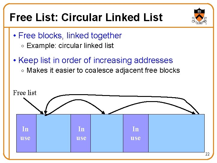 Free List: Circular Linked List • Free blocks, linked together o Example: circular linked
