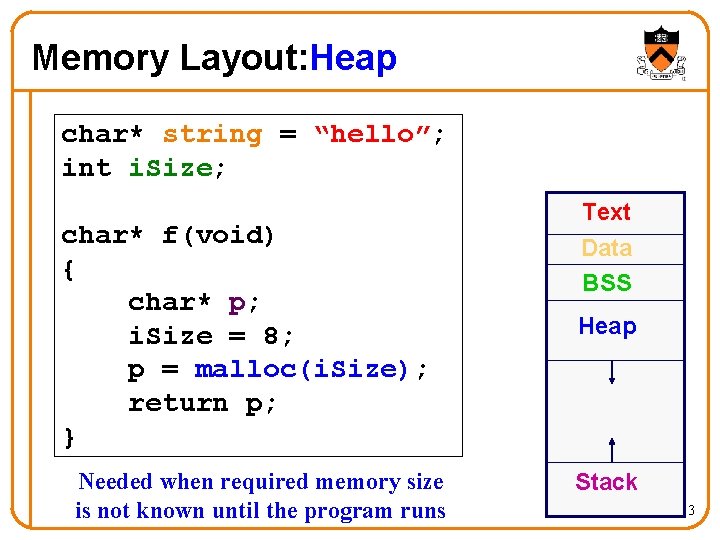 Memory Layout: Heap char* string = “hello”; int i. Size; char* f(void) { char*