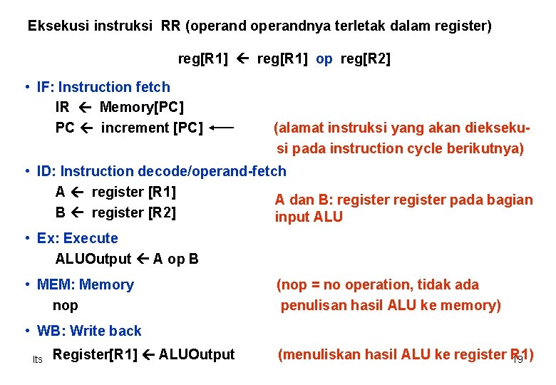 Eksekusi instruksi RR (operandnya terletak dalam register) reg[R 1] op reg[R 2] • IF: