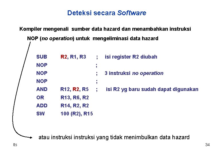 Deteksi secara Software Kompiler mengenali sumber data hazard dan menambahkan instruksi NOP (no operation)