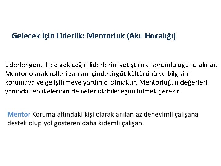 Gelecek İçin Liderlik: Mentorluk (Akıl Hocalığı) Liderler genellikle geleceğin liderlerini yetiştirme sorumluluğunu alırlar. Mentor