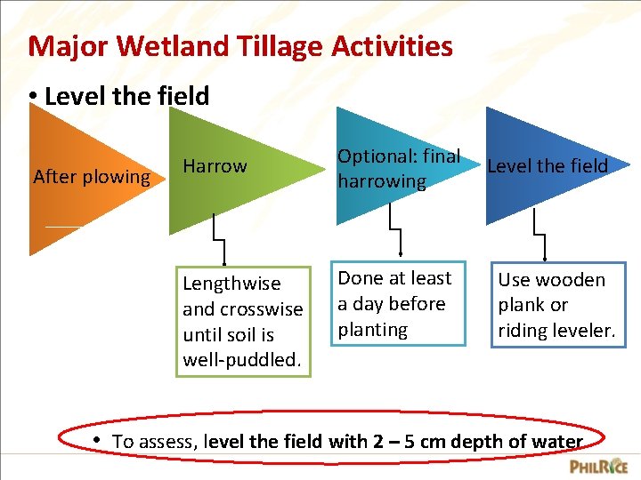 Major Wetland Tillage Activities • Level the field After plowing Harrow Optional: final harrowing