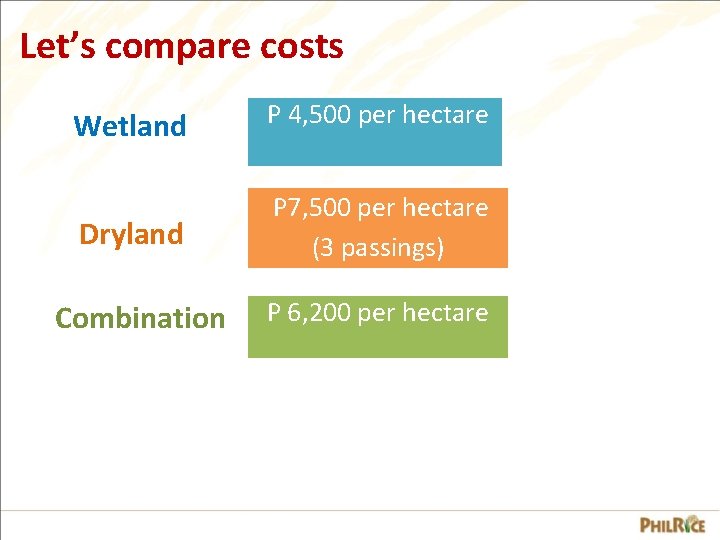 Let’s compare costs Wetland P 4, 500 per hectare Dryland P 7, 500 per