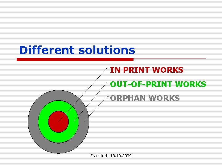 Different solutions IN PRINT WORKS OUT-OF-PRINT WORKS ORPHAN WORKS Frankfurt, 13. 10. 2009 