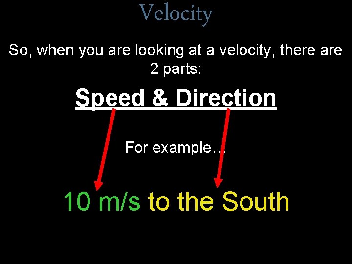 Velocity So, when you are looking at a velocity, there are 2 parts: Speed