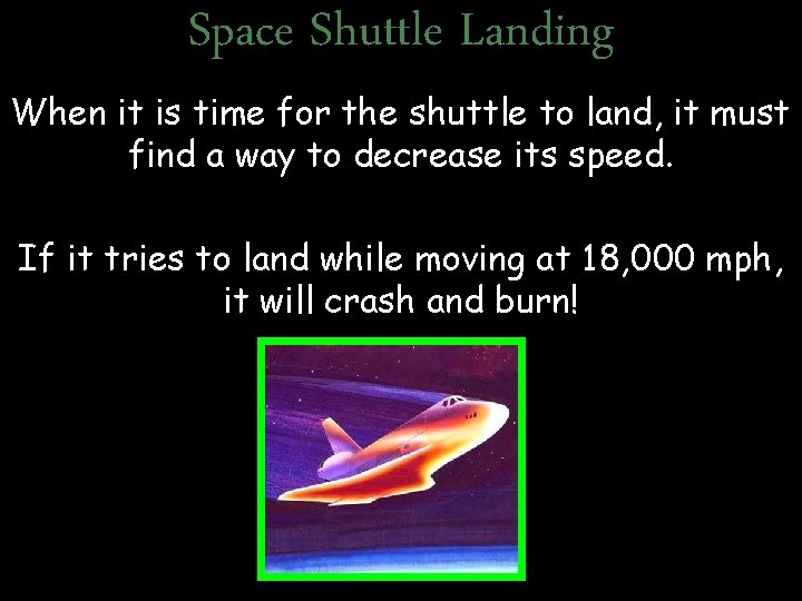 Space Shuttle Landing When it is time for the shuttle to land, it must