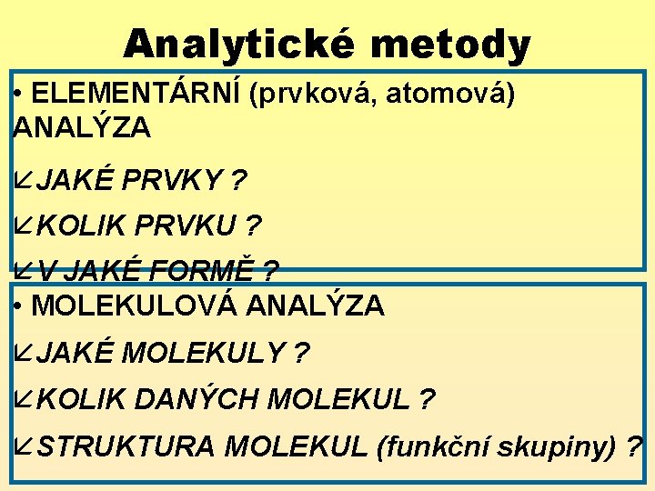 Analytické metody • ELEMENTÁRNÍ (prvková, atomová) ANALÝZA åJAKÉ PRVKY ? åKOLIK PRVKU ? åV