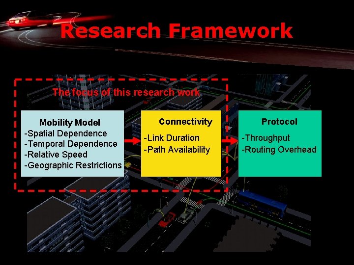 Research Framework The focus of this research work Mobility Model -Spatial Dependence -Temporal Dependence