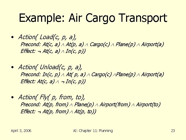 Example: Air Cargo Transport • Action( Load(c, p, a), Precond: At(c, a) At(p, a)