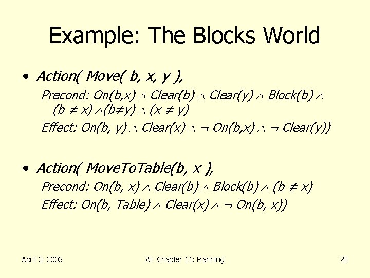 Example: The Blocks World • Action( Move( b, x, y ), Precond: On(b, x)