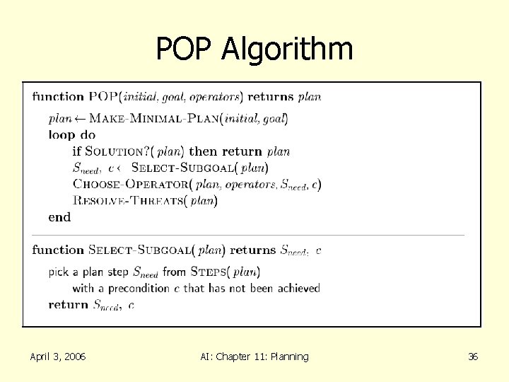 POP Algorithm April 3, 2006 AI: Chapter 11: Planning 36 