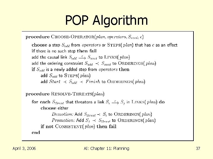 POP Algorithm April 3, 2006 AI: Chapter 11: Planning 37 