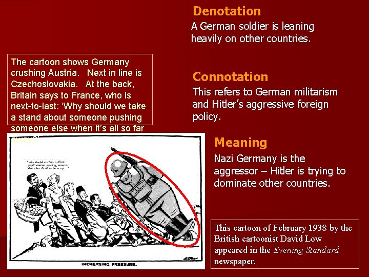 Denotation A German soldier is leaning heavily on other countries. The cartoon shows Germany
