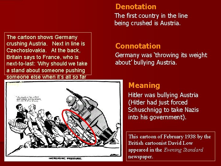 Denotation The first country in the line being crushed is Austria. The cartoon shows