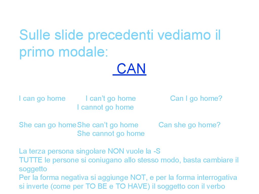 Sulle slide precedenti vediamo il primo modale: CAN I can go home I can’t Sulle slide precedenti vediamo il primo modale: CAN I can go home I can’t