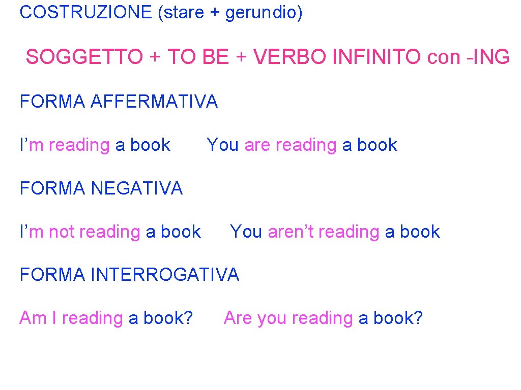 COSTRUZIONE (stare + gerundio) SOGGETTO + TO BE + VERBO INFINITO con -ING FORMA COSTRUZIONE (stare + gerundio) SOGGETTO + TO BE + VERBO INFINITO con -ING FORMA