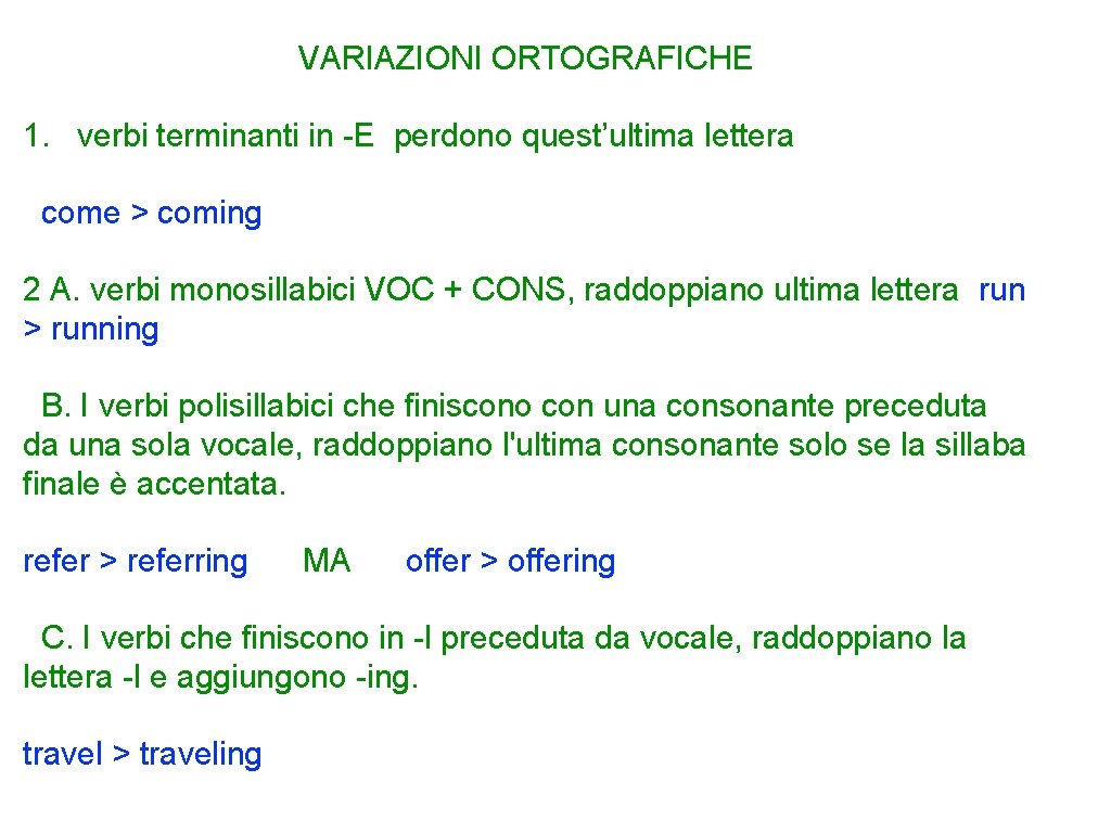 VARIAZIONI ORTOGRAFICHE 1. verbi terminanti in -E perdono quest’ultima lettera come > coming 2 VARIAZIONI ORTOGRAFICHE 1. verbi terminanti in -E perdono quest’ultima lettera come > coming 2