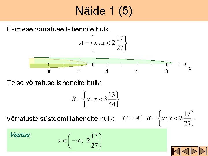 Näide 1 (5) Esimese võrratuse lahendite hulk: 0 2 4 Teise võrratuse lahendite hulk: