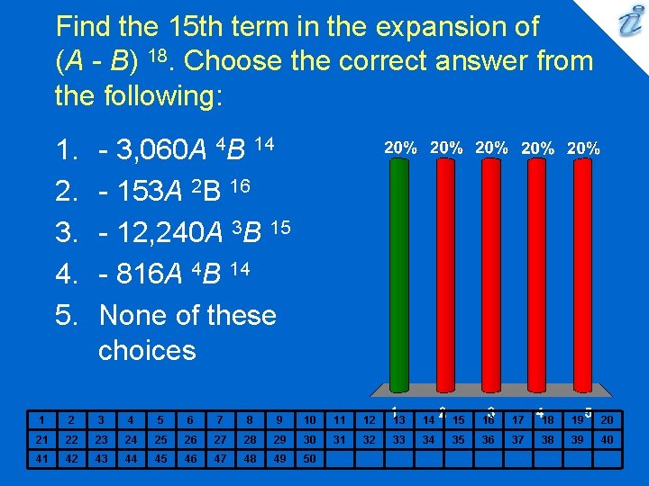 Find the 15 th term in the expansion of (A - B) 18. Choose