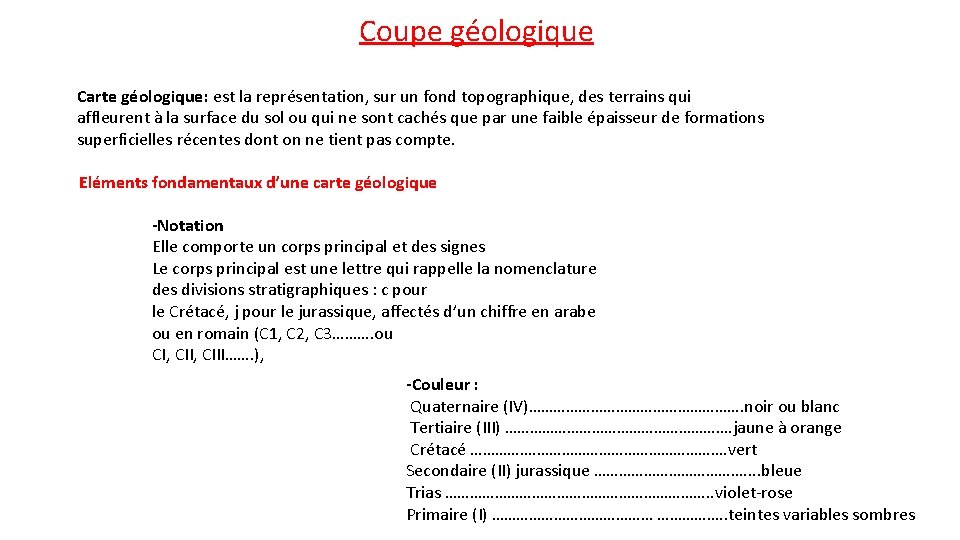 Coupe géologique Carte géologique: est la représentation, sur un fond topographique, des terrains qui