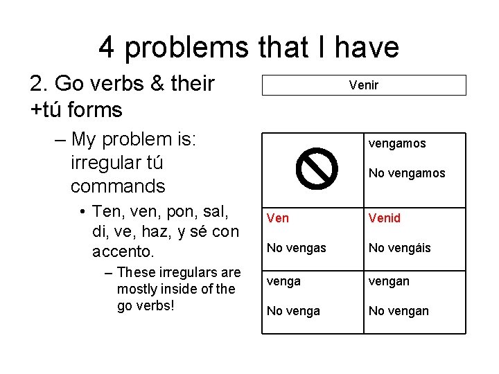 4 problems that I have 2. Go verbs & their +tú forms Venir –