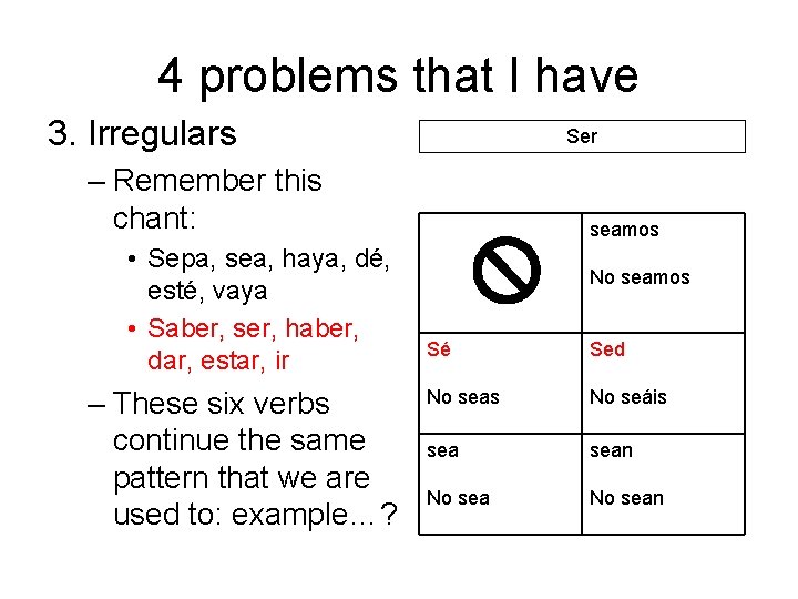 4 problems that I have 3. Irregulars Ser – Remember this chant: • Sepa,