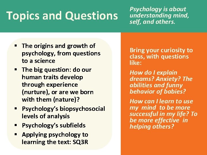 Topics and Questions § The origins and growth of psychology, from questions to a