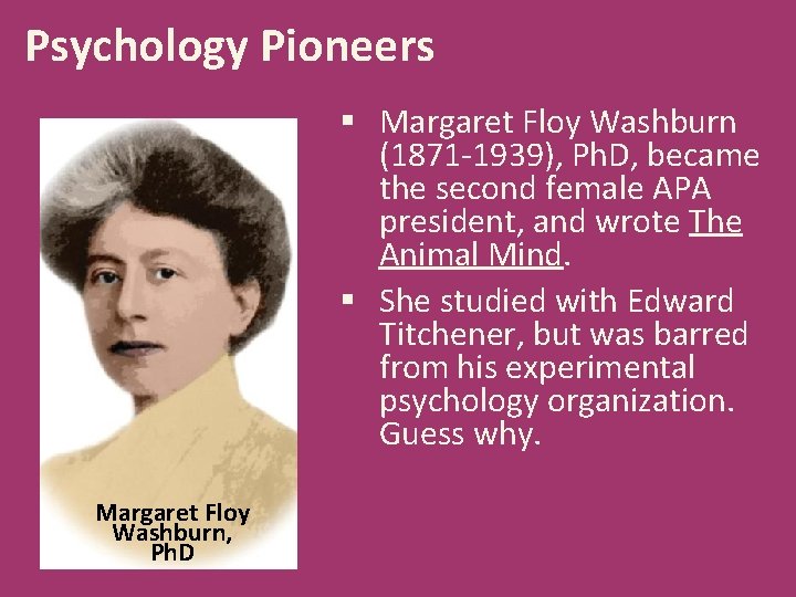 Psychology Pioneers § Margaret Floy Washburn (1871 -1939), Ph. D, became the second female