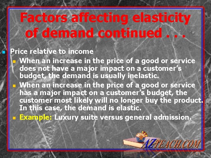 Factors affecting elasticity of demand continued. . . n Price relative to income n