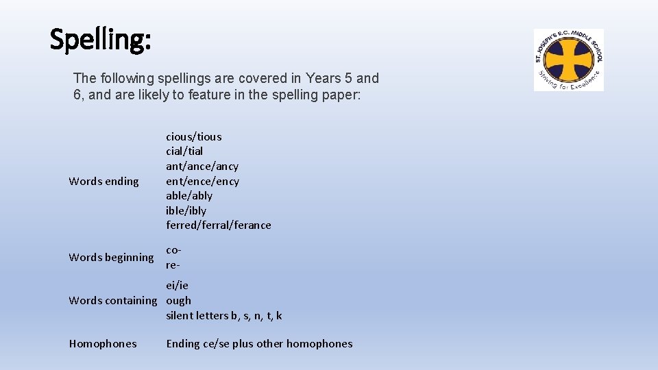 Spelling: The following spellings are covered in Years 5 and 6, and are likely