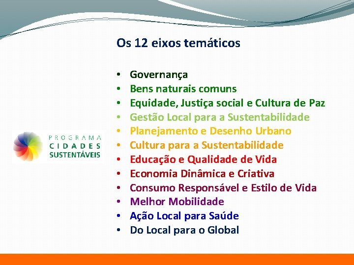 Os 12 eixos temáticos • • • Governança Bens naturais comuns Equidade, Justiça social