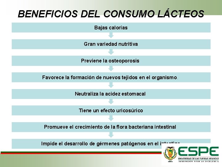 BENEFICIOS DEL CONSUMO LÁCTEOS Bajas calorías Gran variedad nutritiva Previene la osteoporosis Favorece la